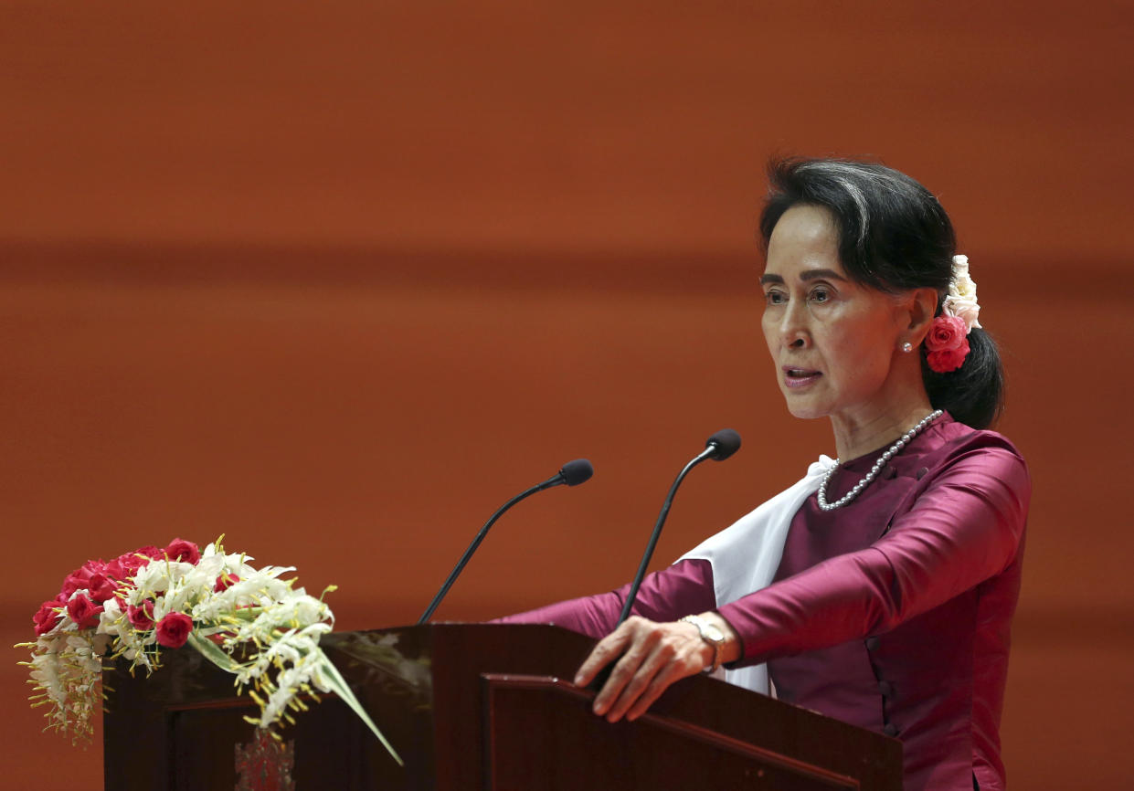 Myanmar’s State Counsellor Aung San Suu Kyi delivers a televised speech to the nation at the Myanmar International Convention Center, Sept. 19, 2017. (Photo: AP)