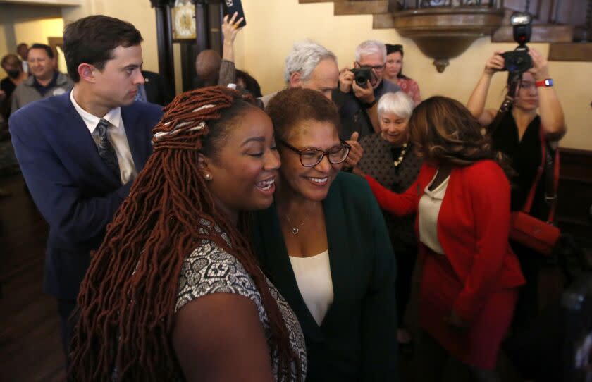 LOS ANGELES, CA - NOVEMBER 17, 2022 - - Los Angeles Mayor Elect U.S. Rep. Karen Bass greets supporters at the Wilshire Ebell Theater in Los Angeles on November 17, 2022. Bass is the first woman mayor of Los Angeles. (Genaro Molina / Los Angeles Times)