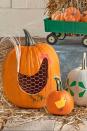 <p>Even if you haven't made your farm dreams come true (yet), you can play pretend with these pumpkins decked out with hen and chick designs. Fill the cut-outs with chicken wire to match your home's rustic aesthetic. </p><p><a class="link " href="https://www.amazon.com/BSTOOL-Lightweight-Galvanized-Hexagonal-Pliers-10/dp/B083GP9CXC/?tag=syn-yahoo-20&ascsubtag=%5Bartid%7C10055.g.238%5Bsrc%7Cyahoo-us" rel="nofollow noopener" target="_blank" data-ylk="slk:SHOP CHICKEN WIRE;elm:context_link;itc:0;sec:content-canvas">SHOP CHICKEN WIRE</a></p>