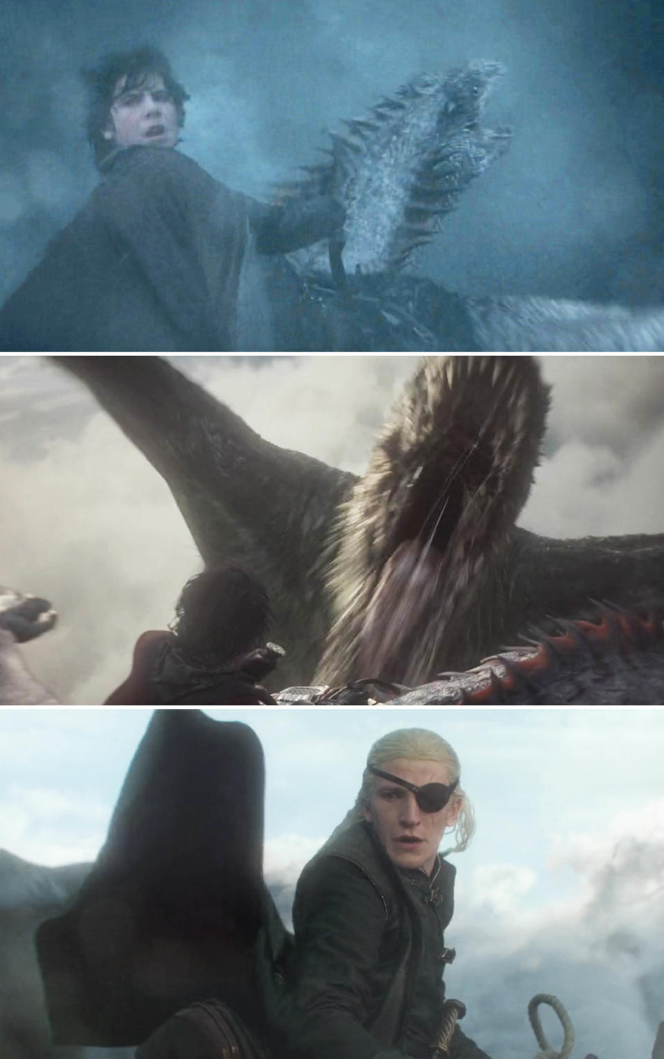 Three separate shots showing Luke's death and Aemond watching