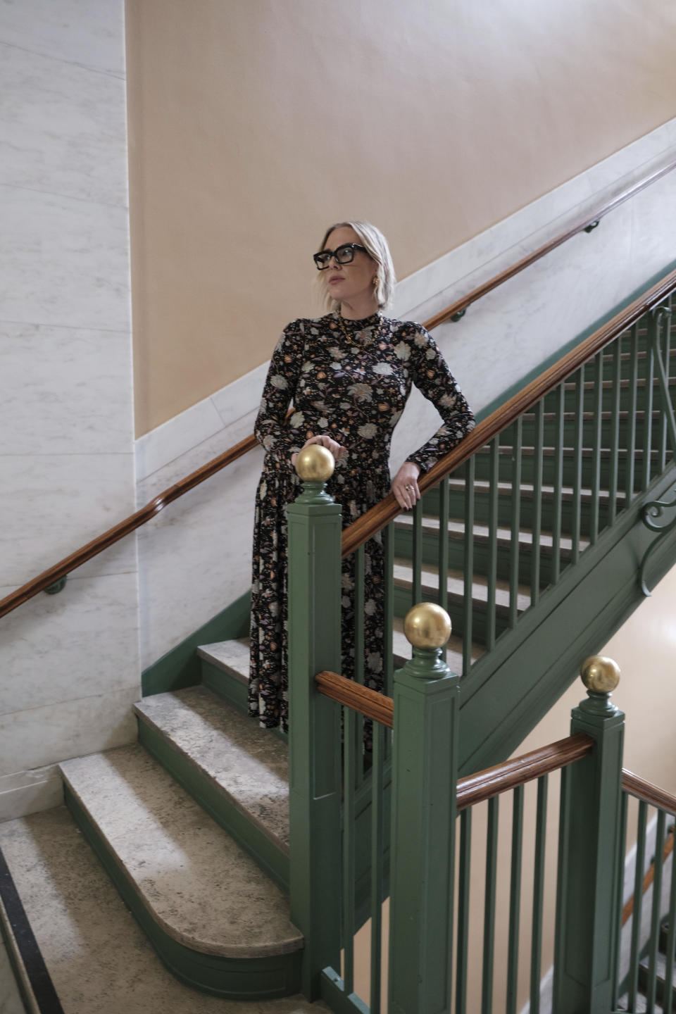 West Virginia state Rep. Kayla Young, D-Kanawha, poses at the Capitol in Charleston, W.Va., on Wednesday, Jan. 25, 2024. West Virginia has the least amount of female state legislators.(AP Photo/Chris Jackson)