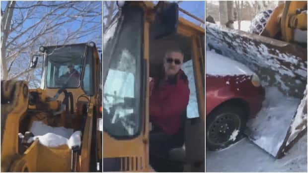 Screenshots from a video taken by Monk show his landlord, Robert Regular, in the driver's seat of a loader and pushing Monk's car with the bucket.