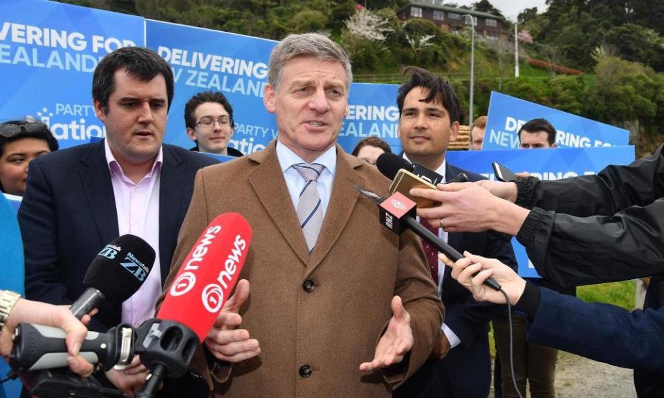 New Zealand Prime Minister Bill English speaks to the media during a National Party campaign stop in Wellington.