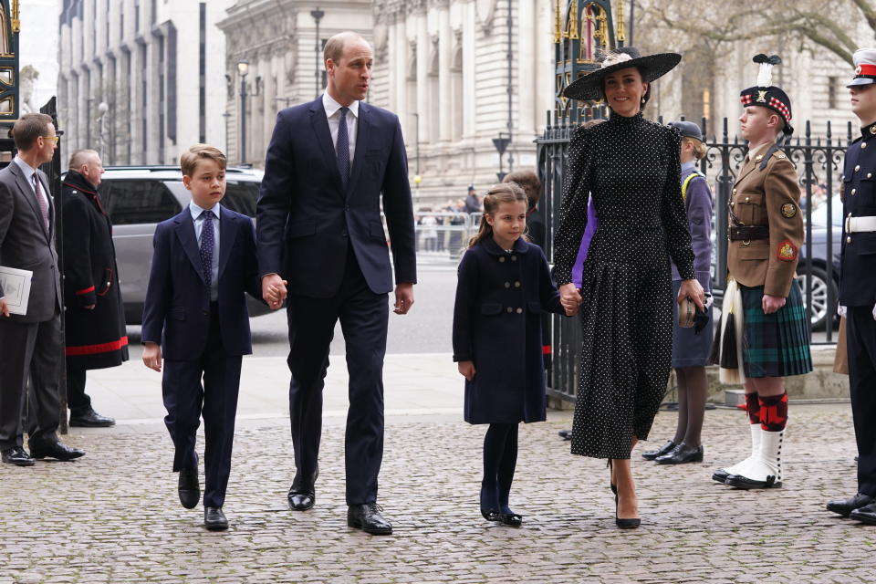 The Duke and Duchess of Cambridge, Prince George, Princess Charlotte arriving for a Service of Thanksgiving for the life of the Duke of Edinburgh, at Westminster Abbey in London. Picture date: Tuesday March 29, 2022.