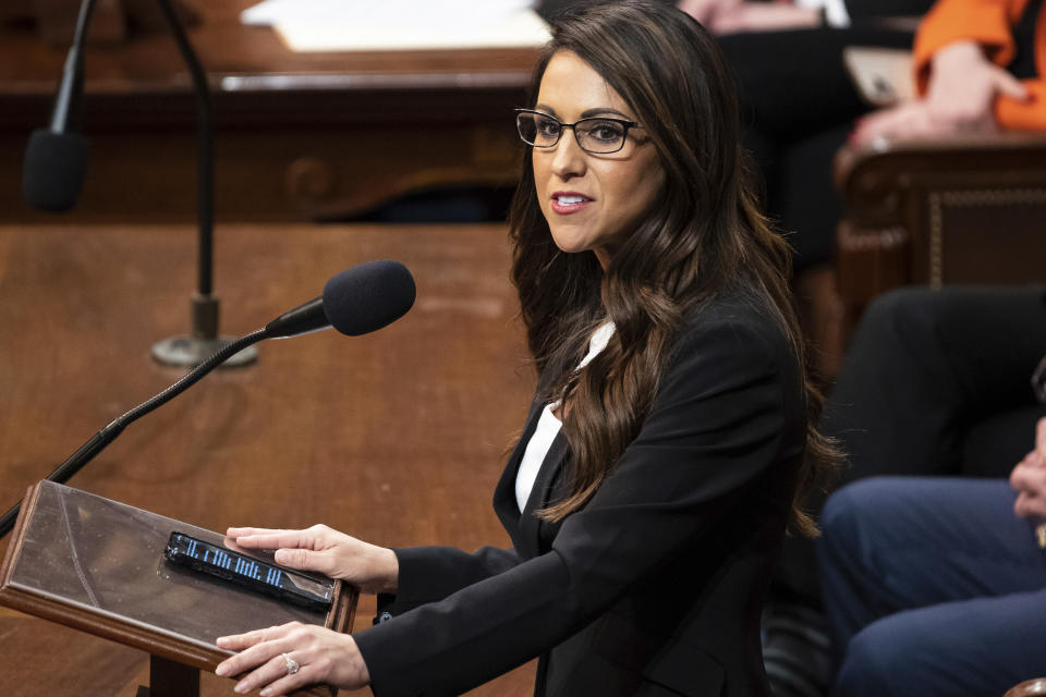 Rep.-elect Lauren Boebert speaks during the second day of the House speakership election (Francis Chung / Politico via AP)