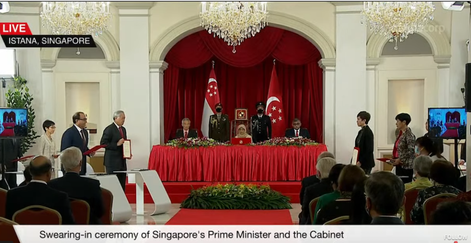 Cabinet swearing in at the Istana on 27 July 2020. (SCREENSHOT: CNA/YouTube) 