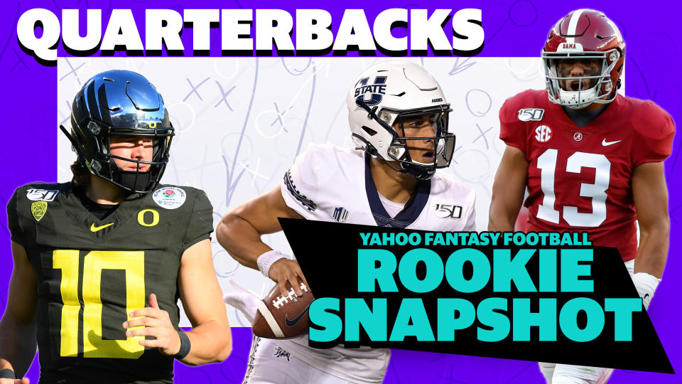 Justin Herbert (Oregon), Jordan Love (Utah) and Tua Tagovailoa (Alabama) are three rookies with round one pedigrees that fantasy owners may, or may not want to take a gamble on in 2020. (Getty Images/Yahoo Sports)