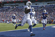 Indianapolis Colts running back Ty'Son Williams (43) runs into the end zone for a touchdown during the first half of a preseason NFL football game against the Buffalo Bills, Saturday, Aug. 13, 2022, in Orchard Park, N.Y. (AP Photo/Joshua Bessex)