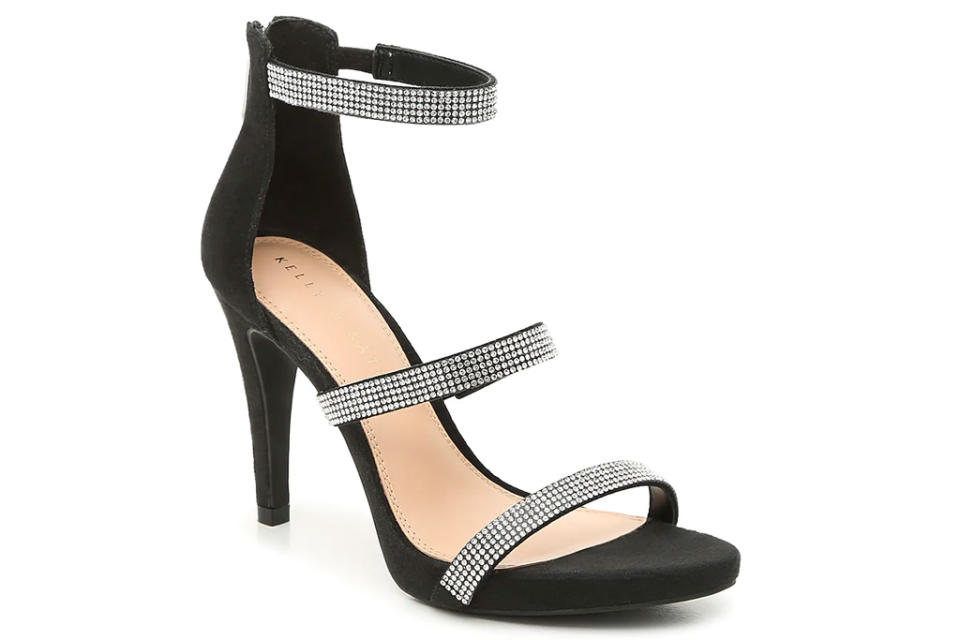 glittering sandals, black heels, 