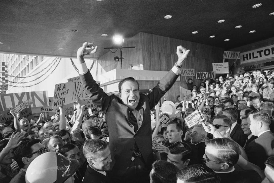 Richard Nixon makes his first public appearance at the Republican National Convention in Miami Beach on Aug. 5, 1968.  