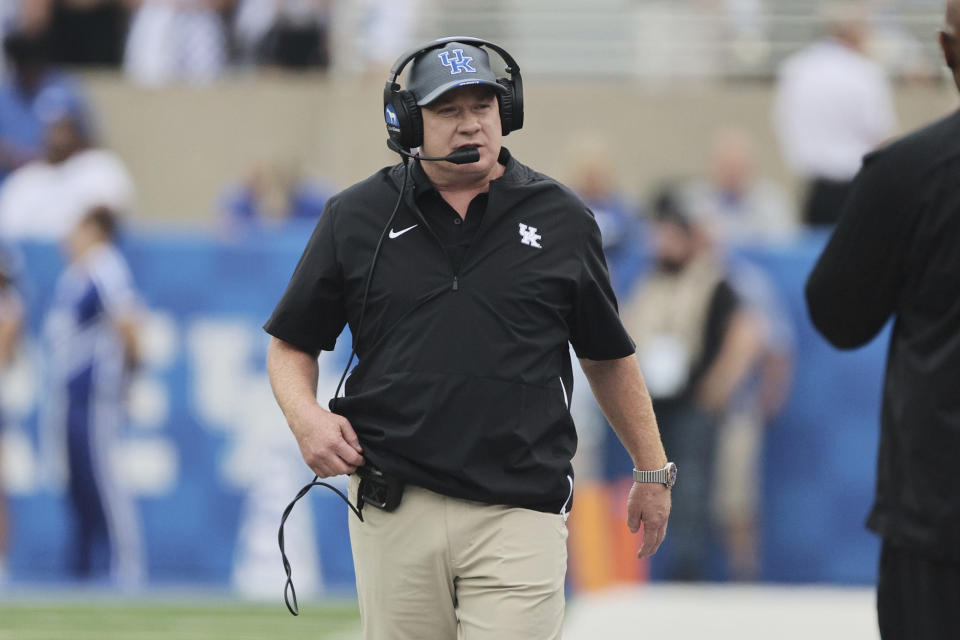 Kentucky head coach Mark Stoops walks on the sideline during the first half of an NCAA college football game against Eastern Kentucky in Lexington, Ky., Saturday, Sept. 9, 2023. (AP Photo/Michelle Haas Hutchins)