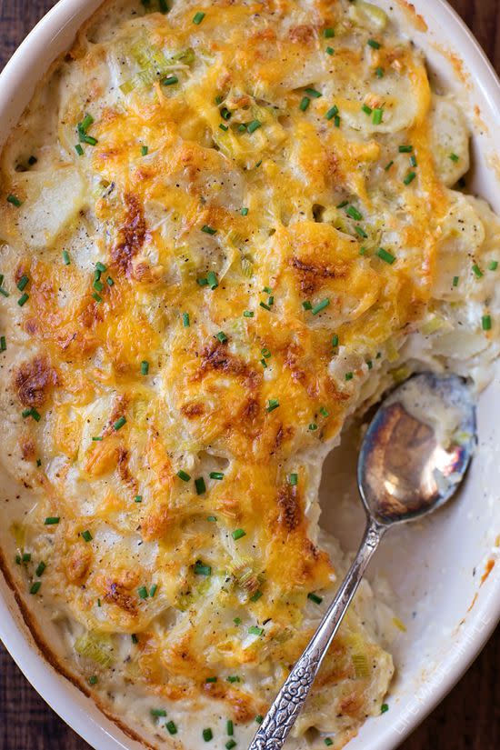 <p>If you want to switch it up from onion, try leeks.</p><p>Get the recipe from <a rel="nofollow noopener" href="http://lifemadesimplebakes.com/2015/03/leek-and-potato-gratin/" target="_blank" data-ylk="slk:Life Made Simple Bakes;elm:context_link;itc:0;sec:content-canvas" class="link ">Life Made Simple Bakes</a>.</p>