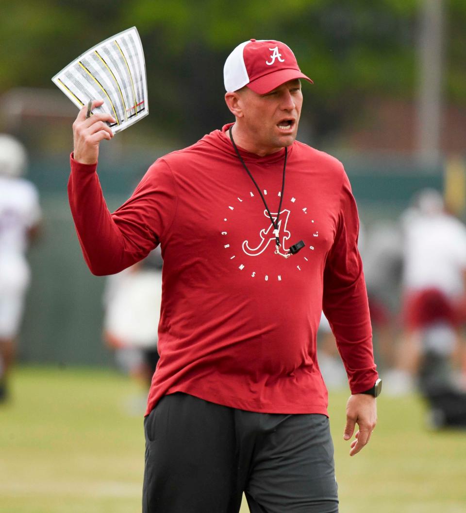 Mar 21, 2024; Tuscaloosa, Alabama, USA; Alabama head coach Kalen DeBoer yells instructions during practice at the University Alabama Thursday.