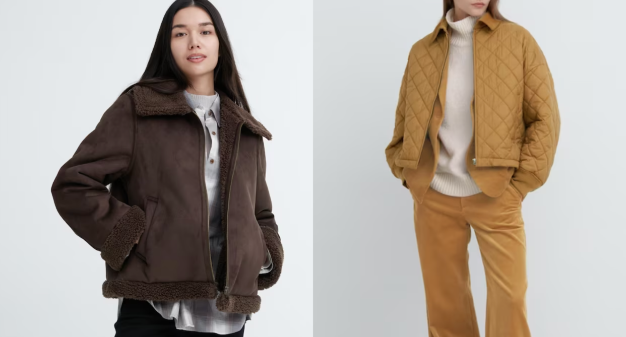 split screen of uniqlo fall winter jacket in brown and mustard yellow quilted fall jacket and mustard yellow pants