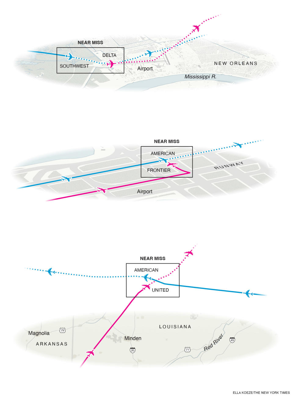 Gráficos que muestran situaciones reales recientes en las que dos aviones de pasajeros estuvieron a punto de colisionar. (Foto: The New York Times)