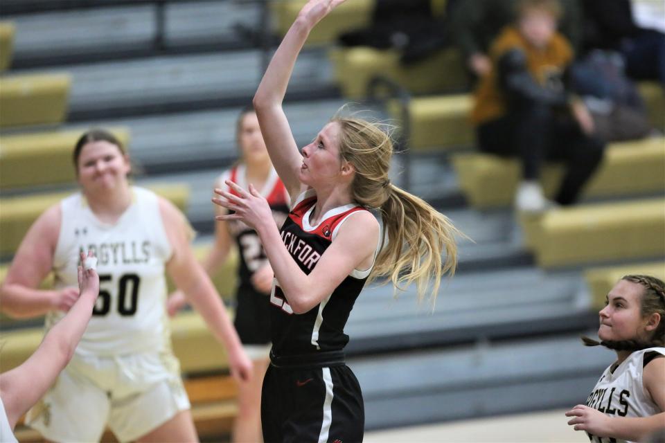 Blackford girls basketball's Savanna Morris shoots a floater in the team's game at Madison-Grant High School on Saturday, Dec. 3, 2022.