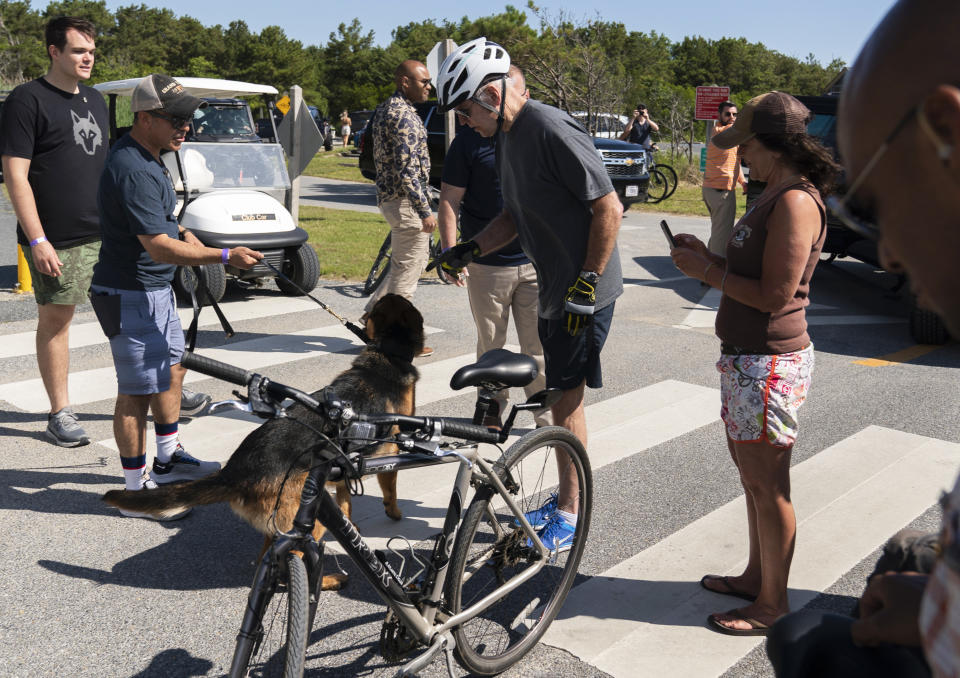 President Joe Biden communicates to his dog, Commander after greeting a crowd at Gordons Pond in Rehoboth Beach, Del., Saturday, June 18, 2022. Biden fell as he tried get off his bike to greet the crowd along the trail. (AP Photo/Manuel Balce Ceneta)