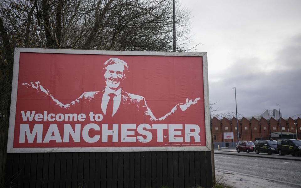 A billboard outside Manchester United's Old Trafford stadium welcomes Sir Jim Ratcliffe