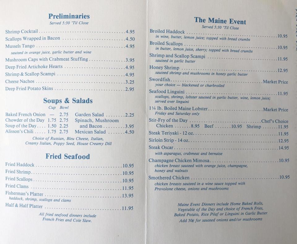 An old menu shows the offerings and prices at Alisson's Restaurant in the late 1980s. The restaurant will mark its fiftieth anniversary on Nov. 13, 2023.