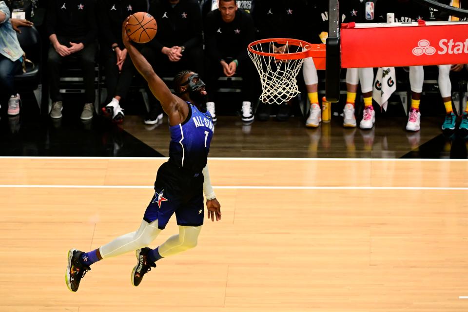 Jaylen Brown dunks the ball during the 2023 NBA All-Star Game. Brown is in the 2024 Slam Dunk Contest.