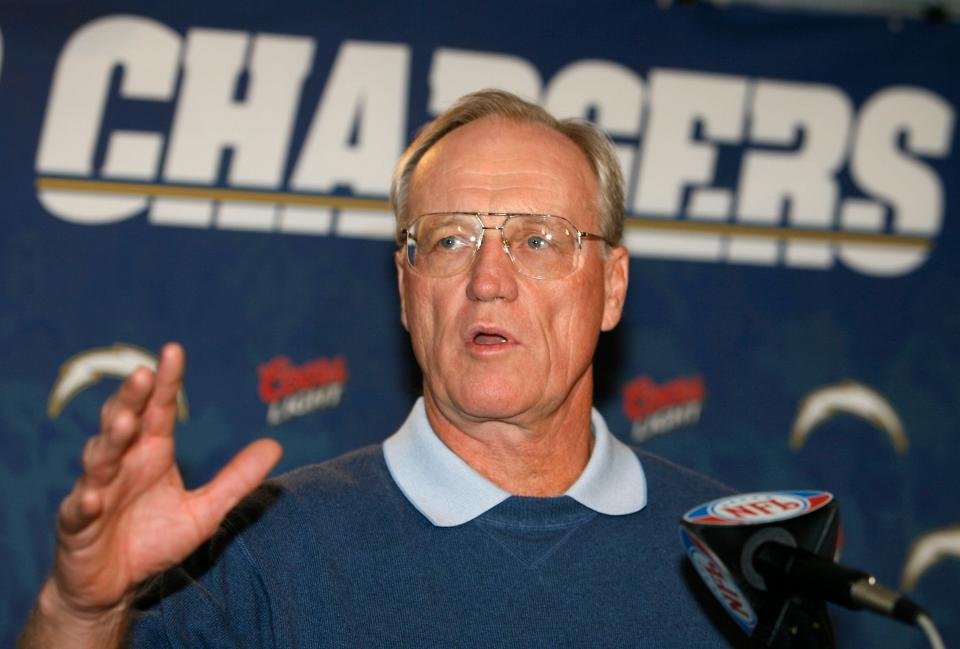 San Diego Chargers head coach Marty Schottenheimer answers a question at a news conference in San Diego, in this Wednesday, Jan. 17, 2007, file photo. Marty Schottenheimer, who won 200 regular-season games with four NFL teams thanks to his “Martyball� brand of smash-mouth football but regularly fell short in the playoffs, has died. He was 77. Schottenheimer died Monday night, Feb. 8, 2021,  at a hospice in Charlotte, North Carolina, his family said through Bob Moore, former Kansas City Chiefs publicist. (AP Photo/Denis Poroy, File) (AP)