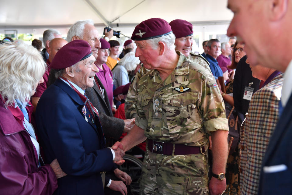 Prince Charles talks to a Parachute Regiment veteran attending the Ginkel Heath commemorations as part of the Operation Market Garden 75th anniversary commemorations near Arnhem, Netherlands. (Photo by Arthur Edwards/PA Images via Getty Images)