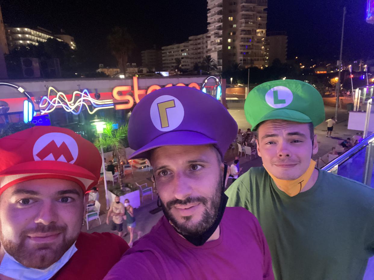 Will gets in costume with fellow stags at a Super Mario themed event. See SWNS story SWNJstag. Former stag-do lover who went to FIFTY-SIX stag events in 18 months says he is still paying off credit cards years later - but it was 