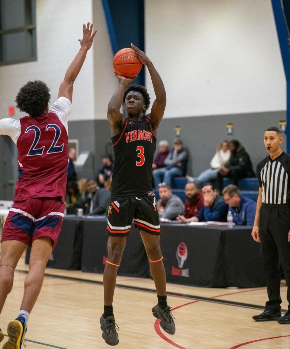 Joson Sanon, a Fall River resident and former B.M.C. Durfee High School student, takes a jump shot during a game at Vermont Academy.