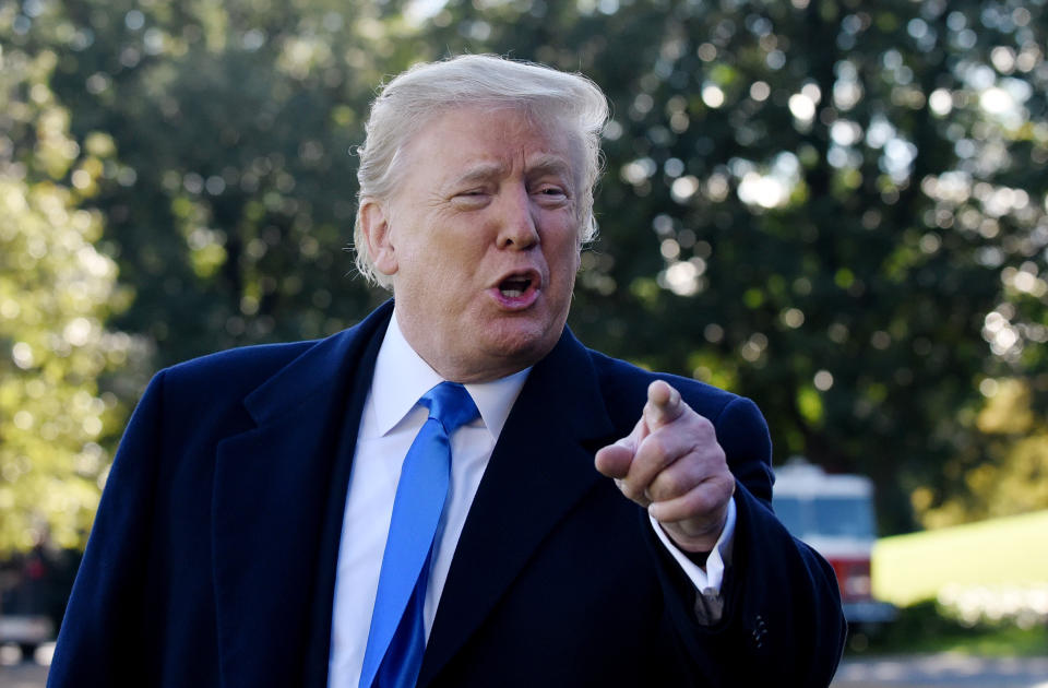 U.S. President Donald Trump speaks to members of the media before boarding Marine One on the South Lawn of the White House in Washington, D.C. on Oct. 13, 2018. Trump said the U.S. would be "foolish" to cancel large arms deals with Saudi Arabia in response to the controversy surrounding the fate of Washington Post writer Jamal Khashoggi. (Photo: Olivier Douliery/Pool via Bloomberg/Getty Images)