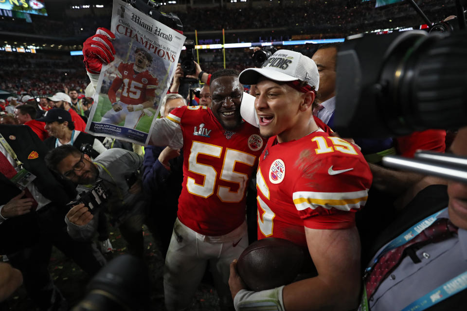 Patrick Mahomes feiert den Triumph im Super Bowl