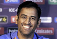 FILE- In this Tuesday, March 8, 2016, file photo, Indian cricket captain Mahendra Singh Dhoni attends a press conference prior to their practice match for the ICC World T20 cricket tournament in Kolkata, India. India great Dhoni announced his retirement from international cricket on Saturday, Aug. 15, 2020. Under Dhoni’s stewardship, India won the T20 World Cup in 2007, the 50-over World Cup in 2011 and the Champions Trophy in 2013. (AP Photo/Bikas Das, File)