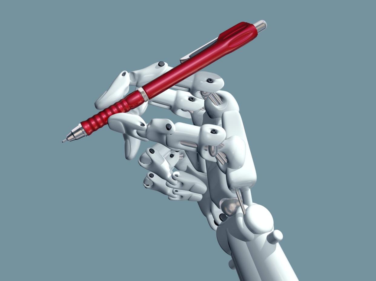 <span class="caption">Robots won't hold the pens just yet, but they can help people do the work.</span> <span class="attribution"><a class="link " href="https://www.shutterstock.com/image-illustration/illustration-robot-holding-pen-79270183" rel="nofollow noopener" target="_blank" data-ylk="slk:Paul Fleet/Shutterstock.com;elm:context_link;itc:0;sec:content-canvas">Paul Fleet/Shutterstock.com</a></span>