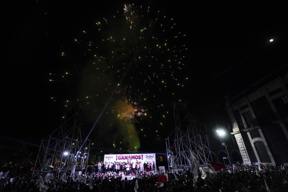 Delfina Gomez, Mexico state gubernatorial candidate for the National Regeneration Movement, or MORENA, celebrates her electoral victory during local state elections in Toluca, Mexico state, Mexico, Sunday, June 4, 2023. (AP Photo/Eduardo Verdugo)