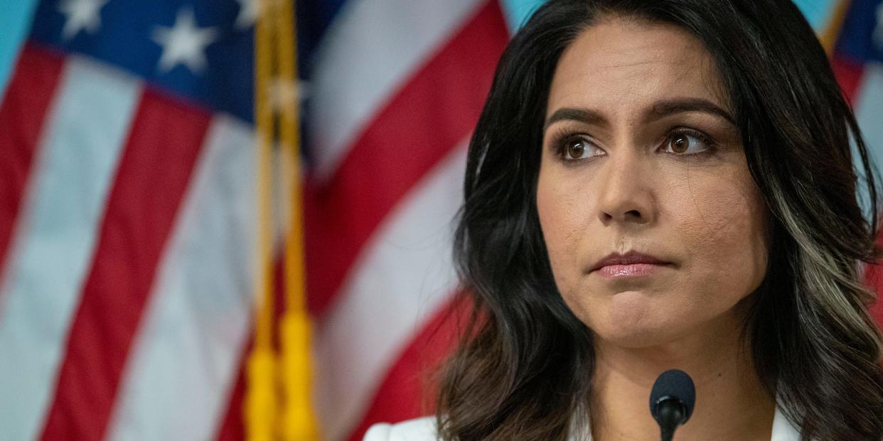Democratic presidential candidate U.S. Rep. Tulsi Gabbard, D-Hawaii, speaks during a news conference at the 9/11 Tribute Museum, Tuesday, Oct. 29, 2019, in New York. (AP Photo/Mary Altaffer)
