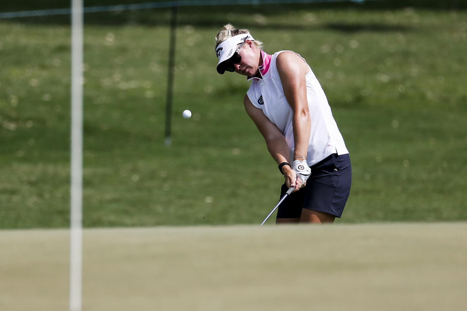 Nicole Broch Larsen of Denmark hits to the 11th green during the first round of the ANA Inspiration golf tournament at Mission Hills Country Club in Rancho Mirage, Calif. Thursday, Sept. 10, 2020. (AP Photo/Ringo H.W. Chiu)