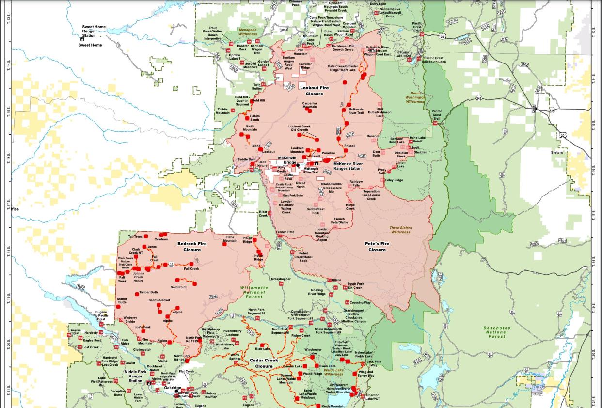 This map shows the three different wildfire closures in the Central Cascades, generally between Eugene and Bend.