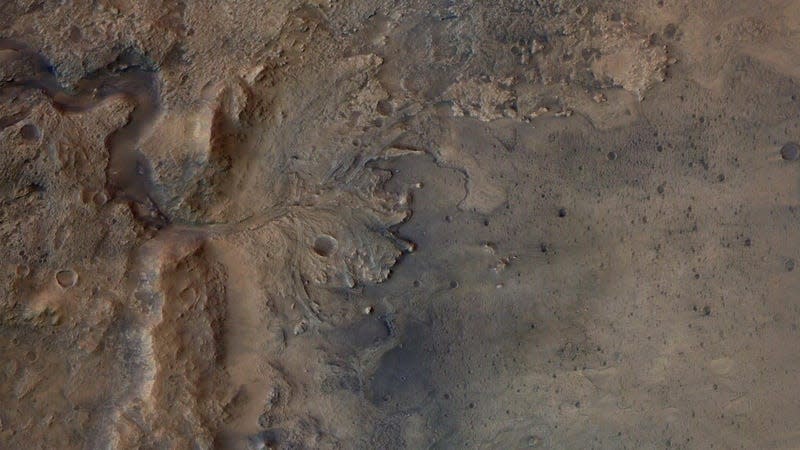 The western edge of Jezero Crater features a dried-up river delta, as imaged by ESA's Mars Express Orbiter.