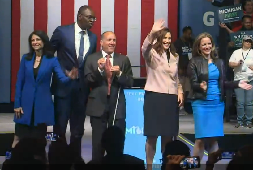 From left, Michigan Democrats nominated Attorney General Dana Nessel, Lt. Gov. Garlin Gilchrist, Michigan Supreme Court Justice Richard Bernstein, Gov. Gretchen Whitmer, and Secretary of State Jocelyn Benson, for the November election. Not pictured is state Rep. Kyra Harris Bolden, also nominated for the Michigan Supreme Court.