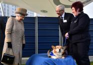 Britain's Queen Elizabeth II (L) looks at a Corgi dog as British television presenter Paul O'Grady (2nd R) looks on during a visit to Battersea Dogs and Cats Home in London on March 17, 2015. AFP PHOTO / POOL / BEN STANSALL (Photo credit should read BEN STANSALL/AFP via Getty Images)