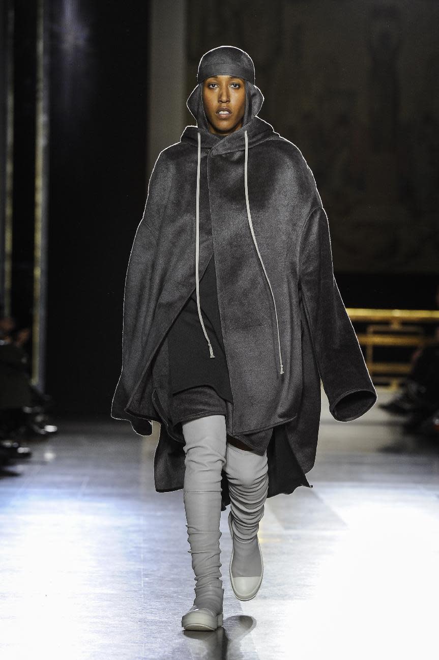 A model wears a creation for Rick Owens's ready-to-wear fall/winter 2014-2015 fashion collection presented in Paris, Thursday, Feb.27, 2014. (AP Photo/Zacharie Scheurer)