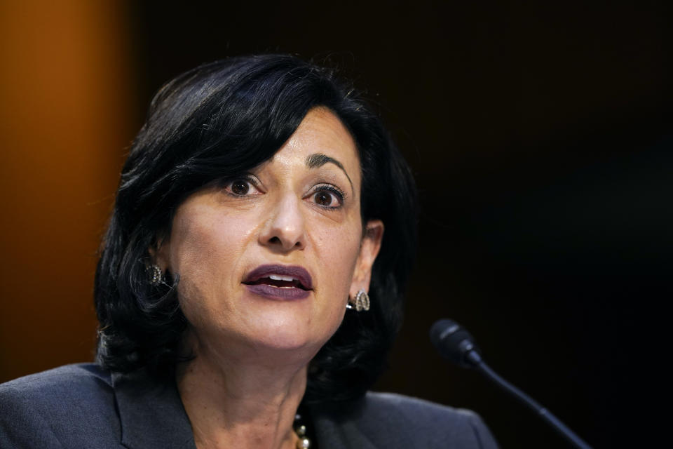 Dr. Rochelle Walensky, director of the Centers for Disease Control and Prevention testifies during a Senate Health, Education, Labor and Pensions Committee hearing on the federal coronavirus response on Capitol Hill in Washington, Thursday, March 18, 2021. (AP Photo/Susan Walsh, Pool)