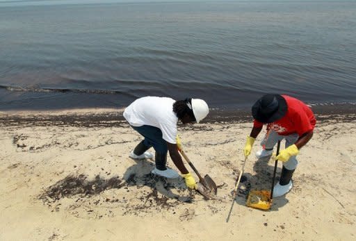 Workers clean up oil that washed ashore after the Deepwater Horizon spill in the Gulf of Mexico in 2010 in Waveland, Mississippi