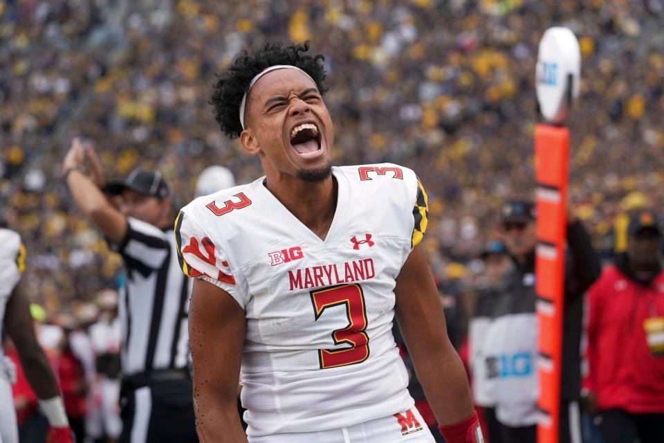 Maryland quarterback Taulia Tagovailoa reacts to a play against Michigan in the first half of an NCAA college football game in Ann Arbor, Mich., Saturday, Sept. 24, 2022. (AP Photo/Paul Sancya)