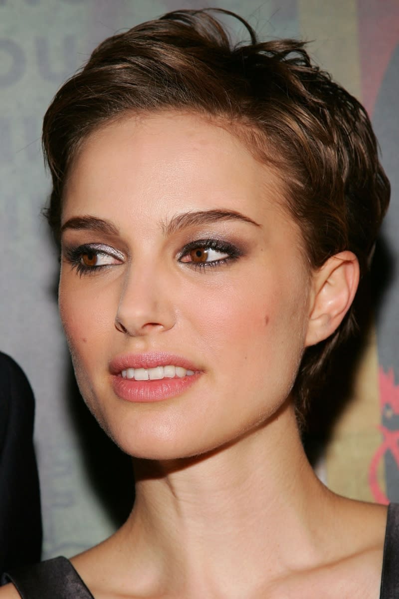 Natalie Portman is pictured with a swept back pixie cut at the Warner Bros. premiere of 