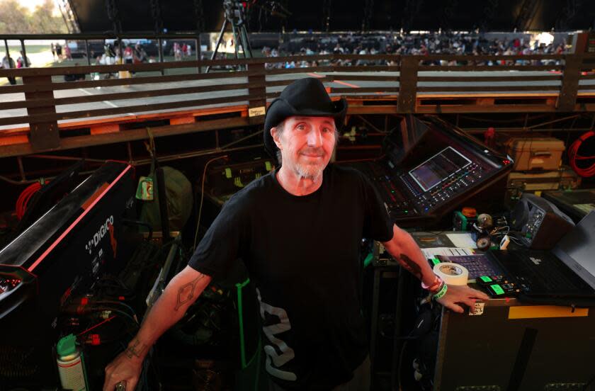 INDO-CA-APRIL 14, 2024: Dave Rat, sound consultant and founder of Rat Sound Systems that provides sound for Coachella, is photographed at the Sahara stage on Sunday, April 14, 2024. (Christina House / Los Angeles Times)