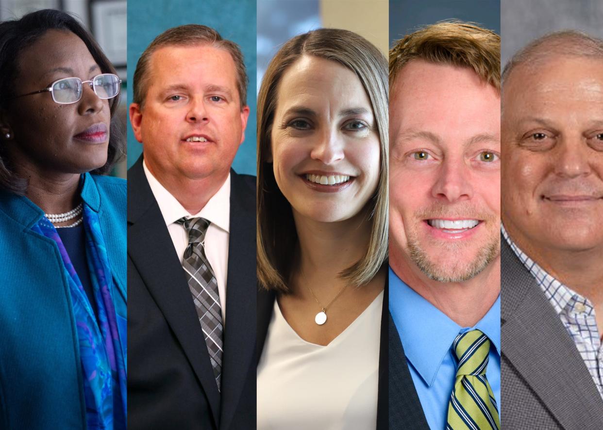 Superintendents, from left, Tiffany Anderson of Topeka Public Schools USD 501, Brad Womack of Silver Lake USD 372, Sheila Meggers of Shawnee Heights USD 450, Scott McWilliams of Auburn-Washburn Rural USD 437 and Bradley Willson of Seaman USD 345.