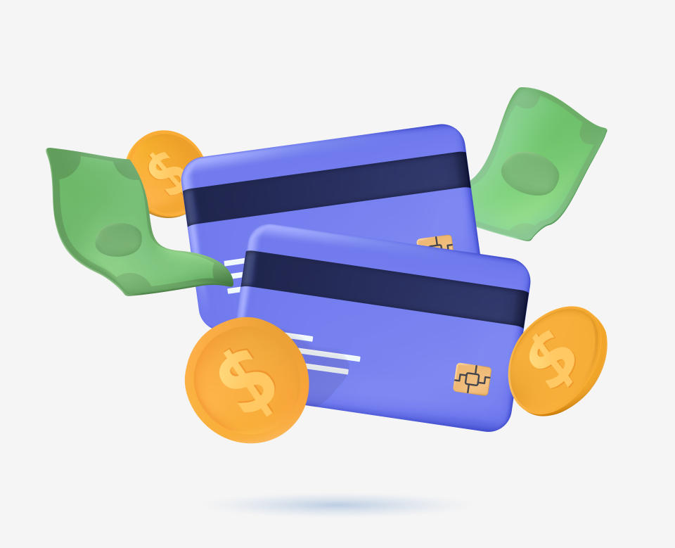 Business financial investment. Credit card, money green dollars, cashier's check paper. Realistic 3d design in cartoon style. Creative concept Trade cash back. Shopping time. Vector illustration