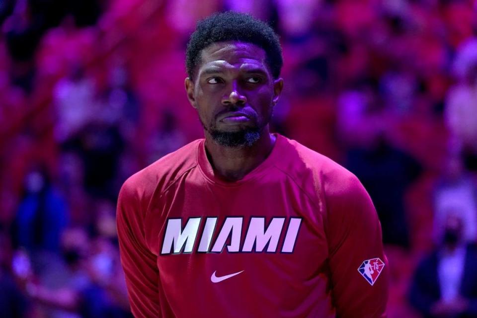 Miami Heat forward Udonis Haslem stands for the national anthem before a preseason NBA basketball game against the Charlotte Hornets, Monday, Oct. 11, 2021, in Miami.