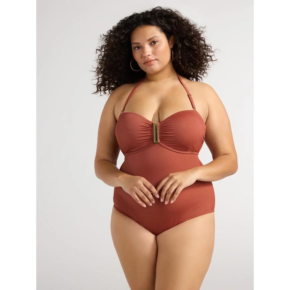 red one piece walmart halter swimsuit with gold accents