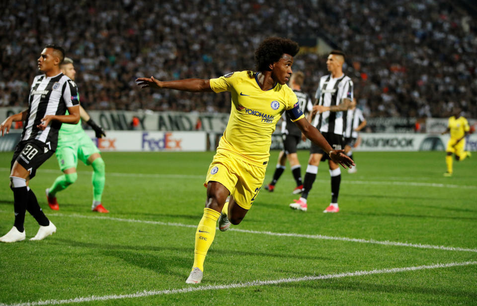 Willian celebrates scoring their first goal (Pic: Reuters/John Sibley)